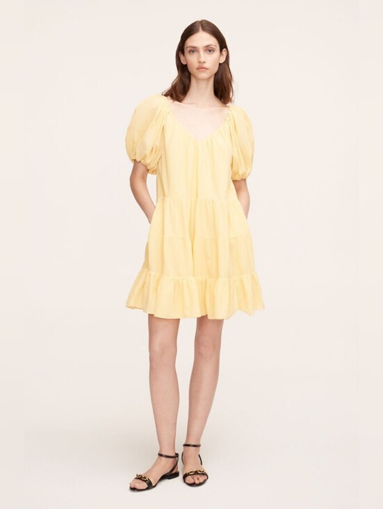 Rebecca Taylor Dresses & Skirts - Rebecca Taylor Butter Yellow Silk Tiered Babydoll Mini Dress Puff Sleeve Size L